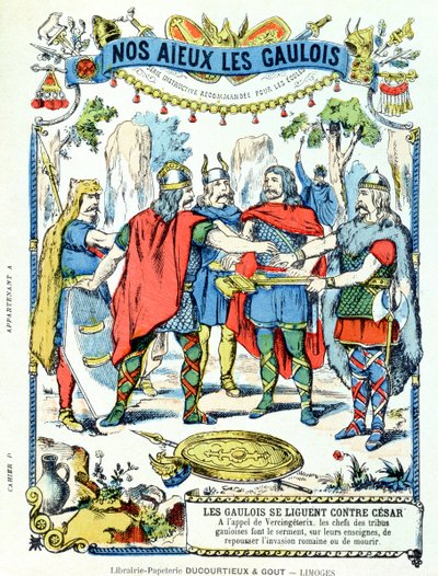 De galliska ledarna i förbundet mot Julius Caesar (100-44 f.Kr.) ledda av Vercingetorix (d.46 f.Kr.) från en skyddshylsa för skolböcker, sent 1800-tal av French School