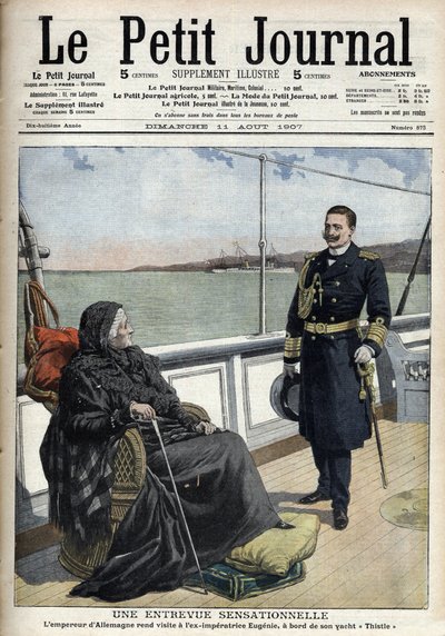 Den tyske kejsaren Vilhelm II (1859-1941) besökte den tidigare kejserliga Eugenia (1826-1920) ombord på sin yacht "Thistle", "Le petit journal" den 11 augusti 1907 (gravyr) av French School