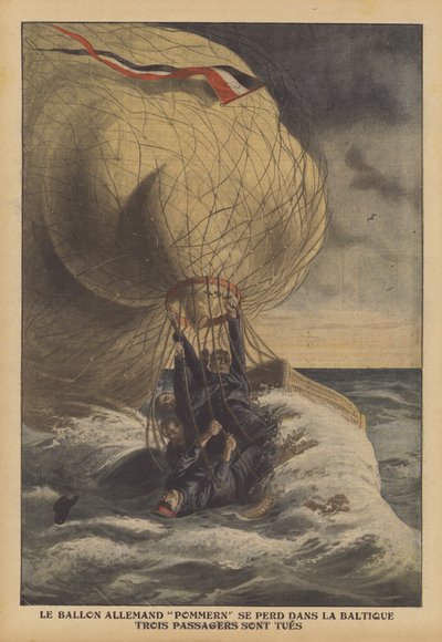 Den tyska ballongen Pommern kraschar i Östersjön (färg litho) av French School