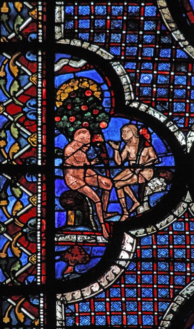 Det barmhärtige samaritans fönster: Adam och Eva under kunskapens träd om gott och ont (w44) av French School