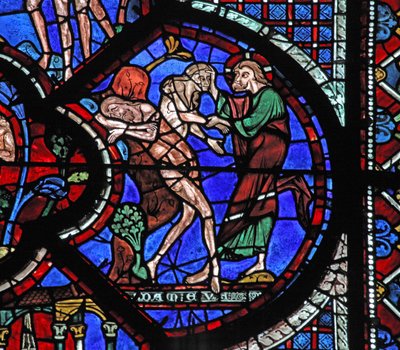 Det barmhärtiga samaritfönstret: Gud skapar kvinnan från den sovande Adams revben (w44) av French School