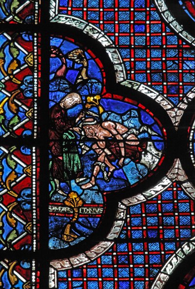Det barmhärtige samaritfönstret: en samarit binder sina sår (w44) av French School