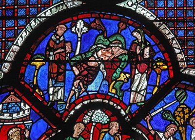 Det barmhärtige samaritfönstret: en präst och Levi går förbi (w44) av French School