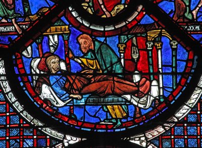 Det barmhärtige samaritfönstret: samariten tar hand om den sårade mannen (w44) av French School
