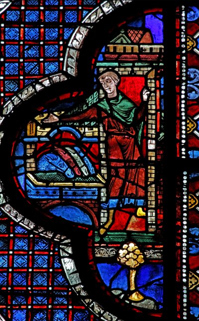 Det barmhärtige samaritfönstret: värdshuset tar emot samariten och den sårade mannen (w44) av French School