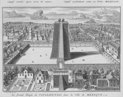 Det stora templet i Vitsliputsli i Mexico City, illustration från religiösa ceremonier och seder, graverad av Bernard Picart (1673-1733) 1722 av French School