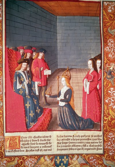 Den heliga romerska kejsarinnan Richilde av Provence i Compiegne överlämnade till Ludvig Stammeraren kronan och spiran som hade tillhört hans far Karl II "den skallige", från "Chroniques de France", tryckt av A. Verard av French School
