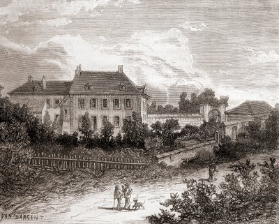 Huset i Gras, nära Chalon-sur-Saône, Frankrike, där den franske uppfinnaren Nicéphore Niépce utvecklade heliografin, från Les Merveilles de la Science, publicerad ca 1870 (gravyr) av French School