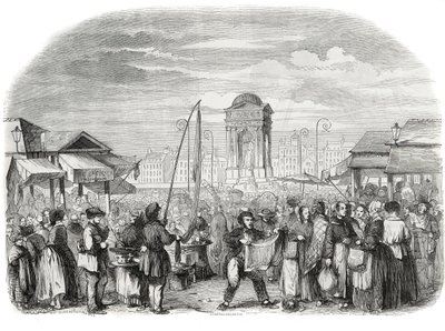 De oskyldiga marscherar i Paris med fontänen - Gravyr i "Tableau-de-Paris" av Edmond Texier 1852 av French School