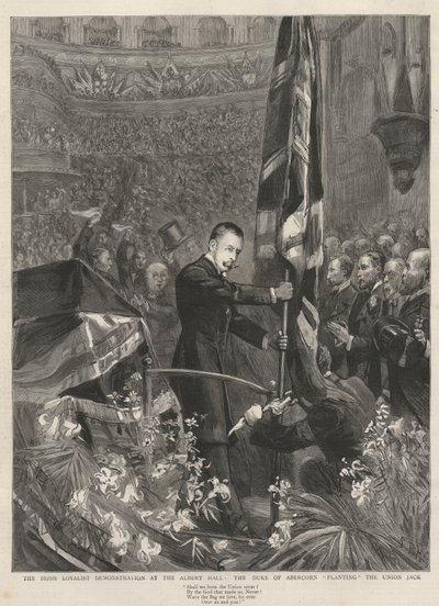 Den irländska lojalistdemonstrationen i Albert Hall, London, 1893: Hertigen av Abercorn (James Hamilton) (1811-1885) planterar Union Jack. av French School