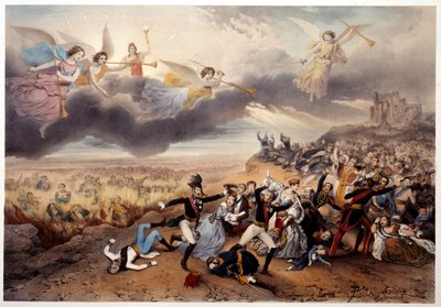 Guds dom Apokalypsens änglar blåser i trumpeterna och tillkännager den sista domen innan monarkerna och andra huvudpersoner i fransk historia, Napoleon I och representanter för den gamla regimen brinner i helvetets lågor. Illustration gjord av French School
