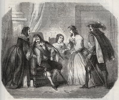 Kungen av Frankrike Ludvig XIII (1601-1643) fångas med migrän när han talar med drottning Anne av Österrike (1601-1666). Gravyr från 1871 i "Histoire Des Cocus Celebres"" av Henry de Kock (1819-1892). av French School