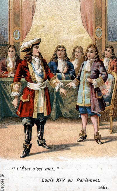Kungen av Frankrike Ludvig XIV förklarade inför parlamentet 1661: "Staten är jag!" Kromolitografi av 1800-talet. av French School