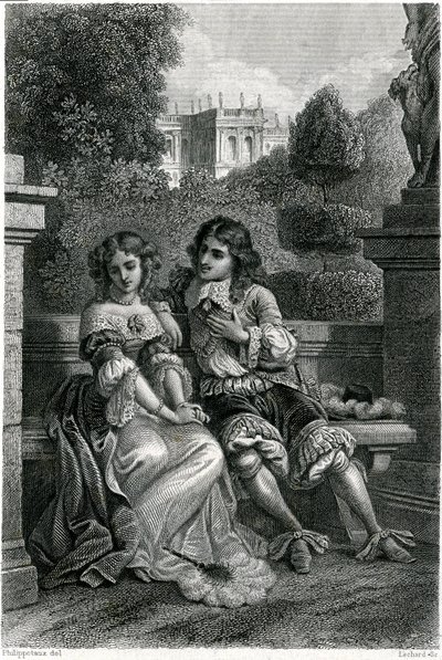 Frankrikes kung Ludvig XIV i galant sällskap med Mademoiselle de la Vallière av French School