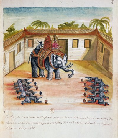 The King of Siam on his Elephant, från en redogörelse för jesuiterna i Siam, 1688 (wc på papper) av French School