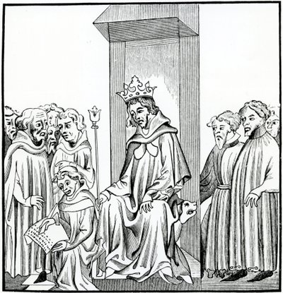 Frankernas kung dikterar den saliska lagen, efter en miniatyr i Chronicles of St. Denis av French School