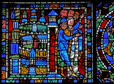The Life of Christ window: Flight into Egypt - Jerusalems invånare välkomnar återkomsten (w50) av French School