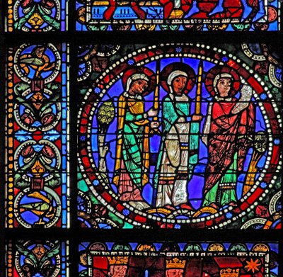 The Life of Christ-fönstret: Tre helgon närvarar vid presentationen i templet (med nästa panel) (w50) av French School