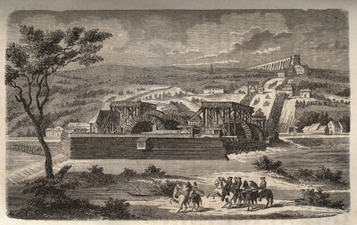 Maskinen i Marly - Vy över maskinen till akvedukten av Marly installerad i Bougival - Akvedukten i Louveciennes (eller Marly) för Versailles och slottet Marly i vatten - gravering i "Histoire de France" av Victor Duruy (1811-1894) ) - 1882 av French School