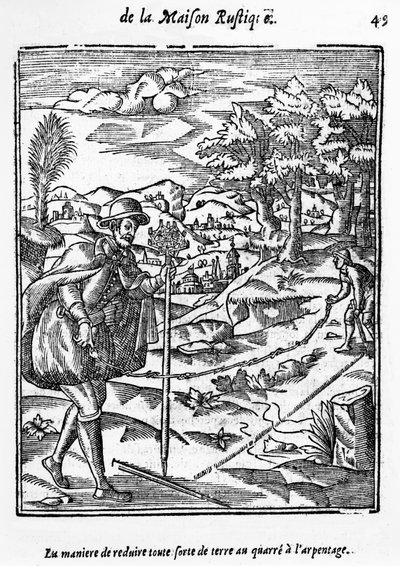 The Way in which to reduce any sort of Ground to the Surveying Square, illustration från LAgriculture et Maison Rustique av Charles Estienne, upplaga publicerad 1641 av French School