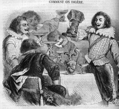 Markisen Francois de Bassompierre (1579-1646) (marechal de Bassompierre) dricker i sin kittelstövel. Gravyr från 1852. av French School