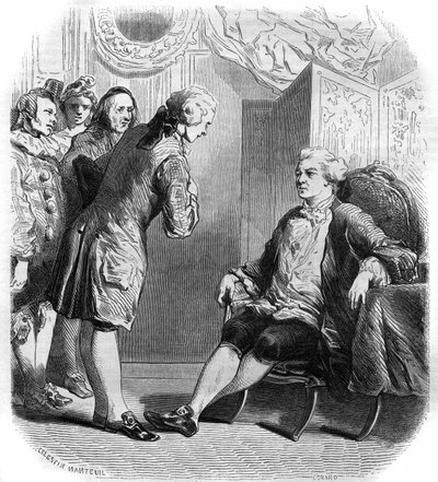 Markisen de Puysieulx tar emot Philippe Nericault Destouches (1680-1754) och hans trupp resande komiker. Gravyr från 1858-1859. av French School