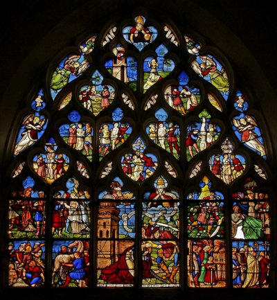 The Martyrdom of St Barbara med scener av hennes liv ovanför i tracery-ljusen av French School