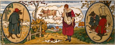 Mjölkflickan och mjölkkannan, ur "Fabler" av Jean de La Fontaine (1621-95), visitkort för "Peter, Cailler, Kohler" schweizisk choklad (färglitografi) av French School
