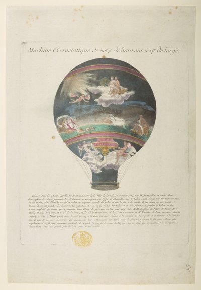 Montgolfier-ballongen med "härliga klassiska referenser", Machine Aerostatique de 126 pt de haut sur 100pt de large (färgad gravyr) av French School