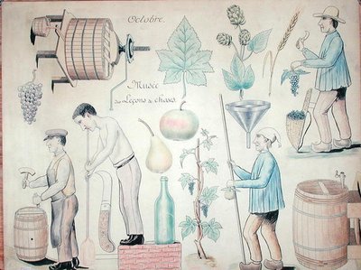 Oktober månad: Vinproduktion (penna & bläck och färgpenna på papper) av French School