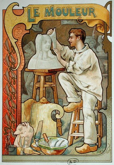 Gjutaren, illustration från en bok om hantverk, ca 1899 (färglitografi) av French School