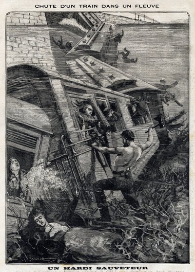 New York Buffalo-tåget faller i en flod i USA: en man försöker rädda passagerare som riskerar att drunkna. I "" Le Peute Parisien"" den 7/11/1897. Privat samling av French School