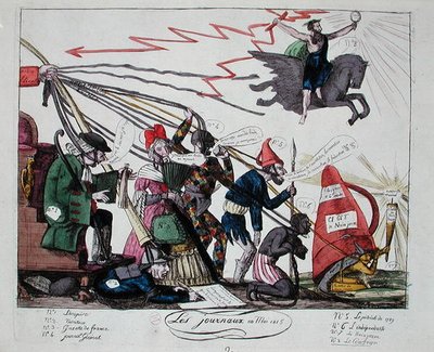 Tidningarna i maj 1815 (färgad gravyr) av French School