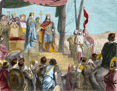 Ederna i Strasbourg mellan Ludvig den tyske (876), härskare över Östra Frankrike, och hans halvbror Karl den Skallige (? 877), härskare över Västfrankrike - Le ed de Strasbourg: traite de Verdun, 843. Ludvigs söner de fromma delade territoriet (Caroli av French School