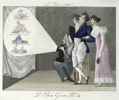 The Old Style, tittar på en projektion av 1700-talsbilder från en film med magisk lykta, illustration från Le Bon Genre av French School