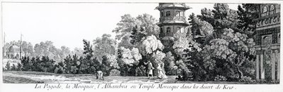 Pagoden, moskén och Alhambra eller det moriska templet i Kew, från Jardins Anglo-Chinois a la Mode, av George Louis le Rouge, publicerad 1775-78 av French School