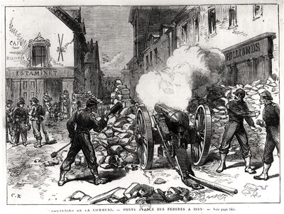 Pariskommunen: En barrikad i Issy, 2 maj 1871 (gravyr) (bw foto) av French School