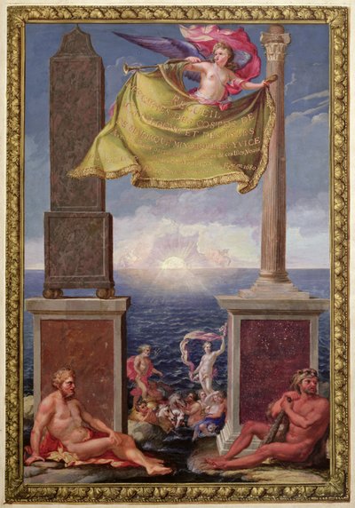 The Pillars of Hercules, frontispice av en samling kartor över Katalonien och Balearerna av Pene, 1680 (färgstick) av French School