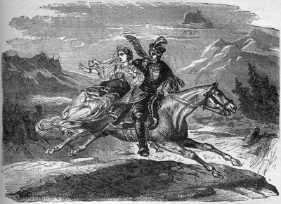 Den polska legenden om prinsessan Heligonde och greve av Tyniec Walgerz. De två förälskade älskarna flyr till Polen. Gravyr i "Prostitutionens och utsvävningens historia bland alla världens folk från antiken till våra dagar" av Dr Th. -F. Debray. av French School