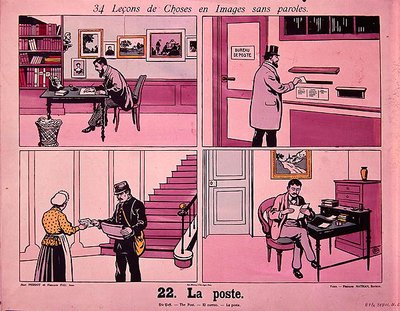 "The Post", serie bilder som illustrerar olika postbilder från en fransk lärobok, utgiven av Fernand Nathan, före 1914 (färglitografi). av French School