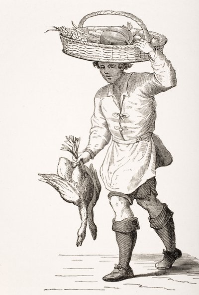 Fjäderfähandlaren, efter ett träsnitt från 1500-talet av Cesare Vecellio (1521-1601) från "Le Moyen Age et La Renaissance" av Paul Lacroix (1806-84), publicerad 1847. av French School