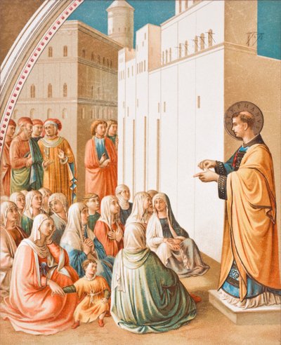 The Preaching of St. Stephen, efter freskmålningen av Fra Angelico, från Science and Literature in The Middle Ages av Paul Lacroix pub. London 1878 av French School