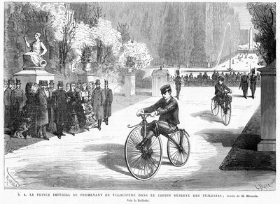 Prince Imperial, iakttagen av sina föräldrar, kejsaren och kejsarinnan, visar sin skicklighet i att cykla på en Michaux velociped i Tuileries Gardens, Paris, 1869 av French School