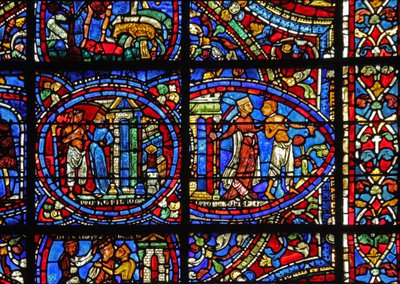 The Prodigal Son-fönstret: en kurtisan kastar ut honom (w35) av French School