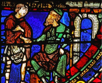 The Prodigal Son-fönstret: ber om arbete (w35) av French School