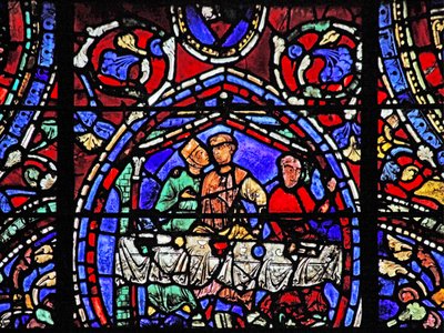 The Prodigal Son-fönstret: omfamnar en av kurtisanerna (w35) av French School