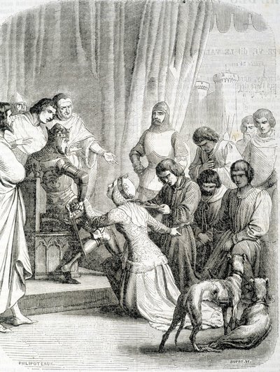 Drottningen av England (Philippa de Hainaut) ber tack till sin man Edward III för invånarna i Calais (avsnitt av den 6 borgerliga Calais) av French School
