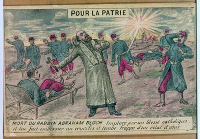 Rabbinen Abraham Bloch erbjuder ett krucifix till en döende katolsk soldat och träffas av ett granat, 1914-18 av French School