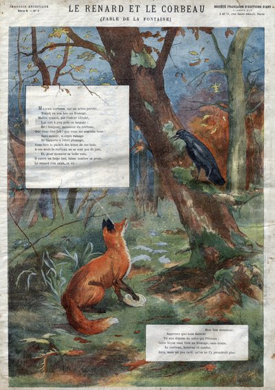 Korpen och räven. Fabler av Jean de La Fontaine (1621-95). Illustration av slutet av 1800-talet. av French School