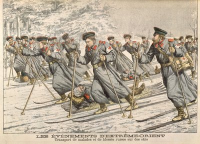 Röda Korset transporterar skadade ryssar på skidor under det rysk-japanska kriget (1904-05) från Le Petit Journal, ca 1904 av French School